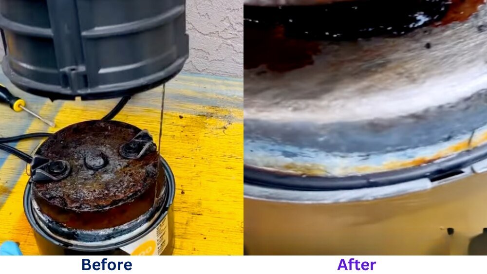 Side-by-side comparison of a clogged and rusted garbage disposal before repair and a clean, functional garbage disposal after repair in LA.