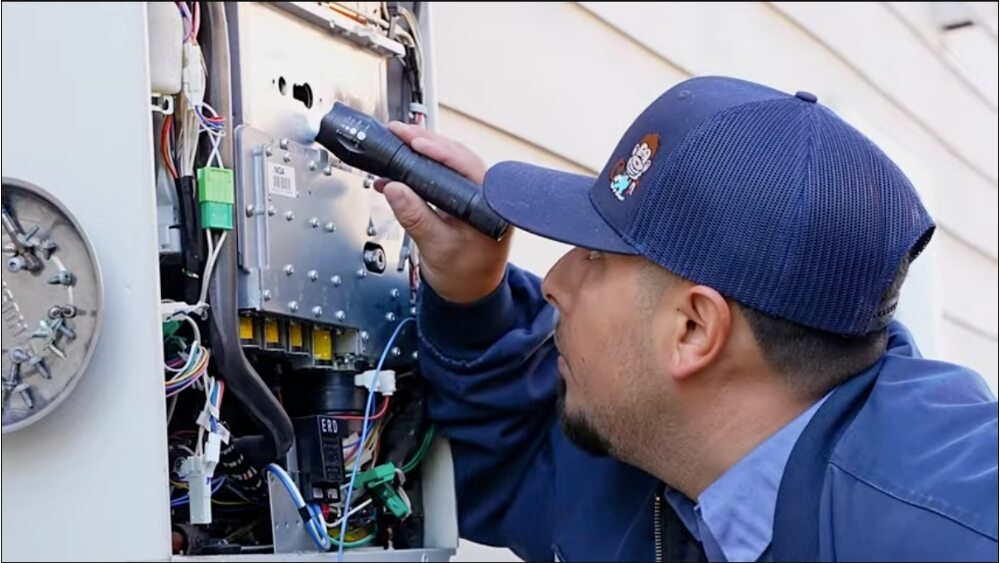 ATC plumbing technician inspecting the internal components of a water heater with a flashlight for emergency hot water repair in LA County.