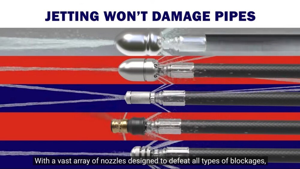 Various hydro jetting nozzles demonstrating how high-pressure water jets effectively clear blockages without damaging pipes in LA County.