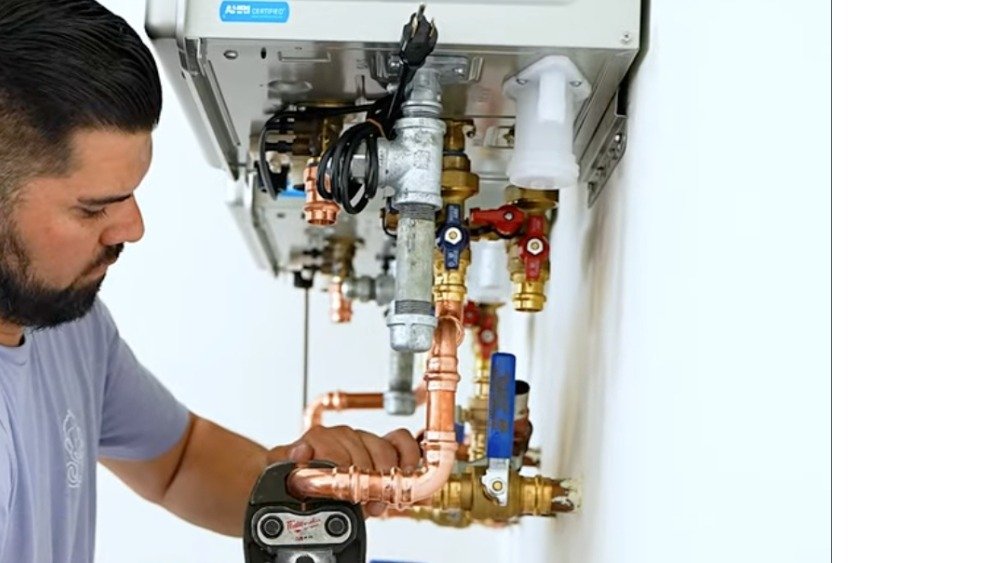 ATC Plumbing water heater plumber working on the installation of a tankless system with copper piping in Los Angeles, CA.